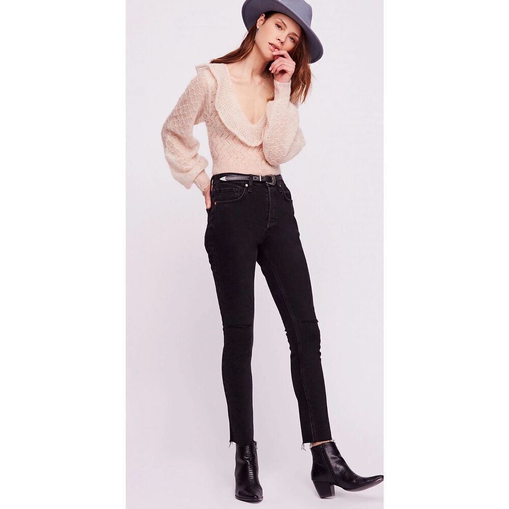 Free People Womens Fringe Hem Solid Cotton Blend Skinny Jeans Black Size 26 NWT